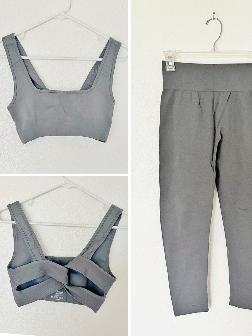 Twist Back 2pc Workout Set Sports Bra Top High Waist Shape Wear Leggings Gray S